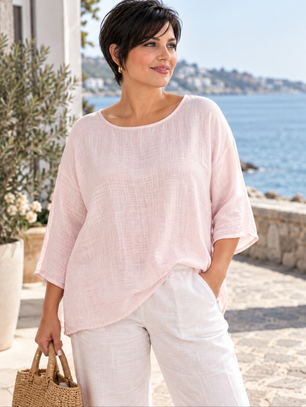 Women’s Italian Cotton Blouse Oversized Lightweight Top Blush Pink Coastal XL
